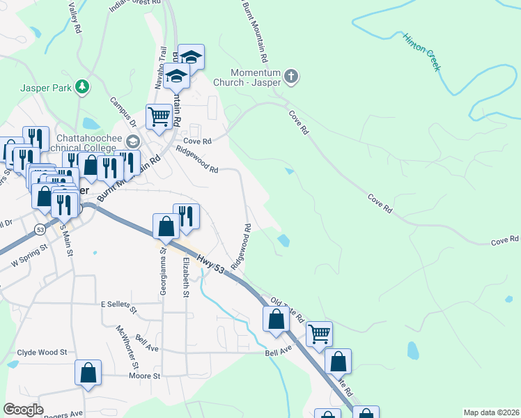 map of restaurants, bars, coffee shops, grocery stores, and more near 55 Woodlane Drive in Jasper