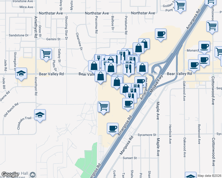 map of restaurants, bars, coffee shops, grocery stores, and more near 14305 Bear Valley Road in Victorville