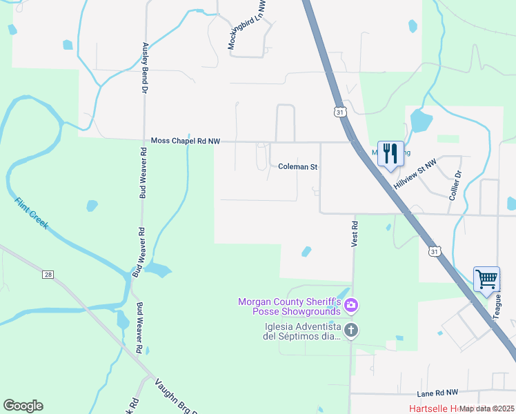 map of restaurants, bars, coffee shops, grocery stores, and more near 1506 Marks Drive Northwest in Hartselle