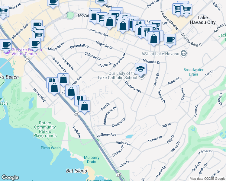 map of restaurants, bars, coffee shops, grocery stores, and more near 1928 Montana Vista in Lake Havasu City