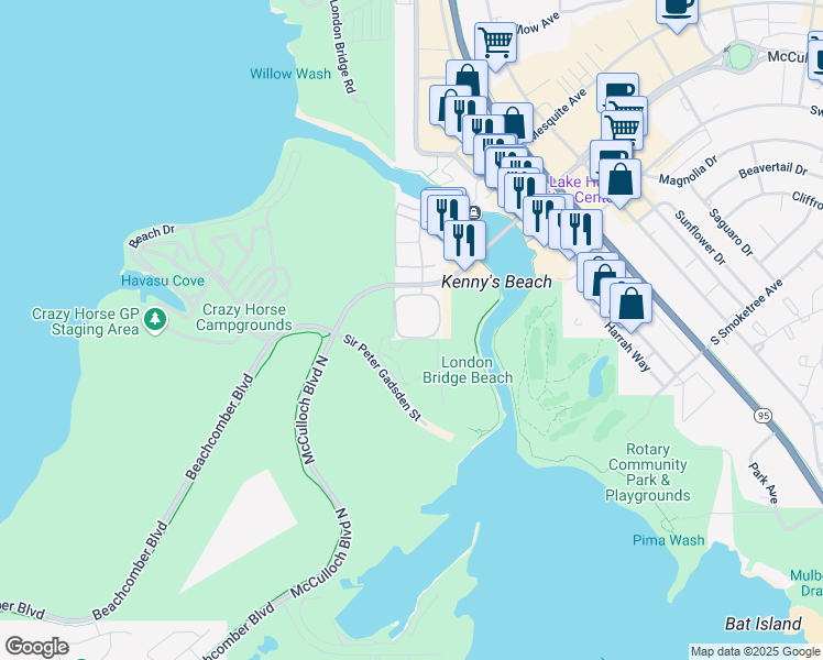 map of restaurants, bars, coffee shops, grocery stores, and more near Isleside Drive in Lake Havasu City