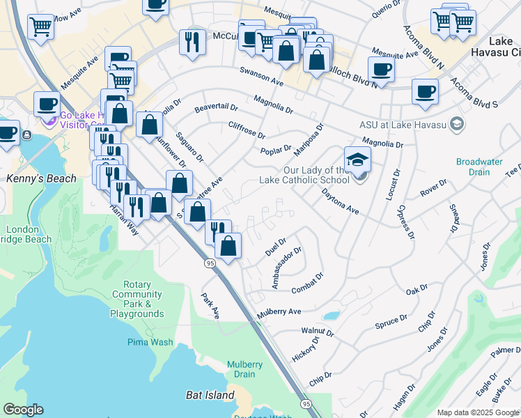 map of restaurants, bars, coffee shops, grocery stores, and more near 1807 Montana Vista in Lake Havasu City