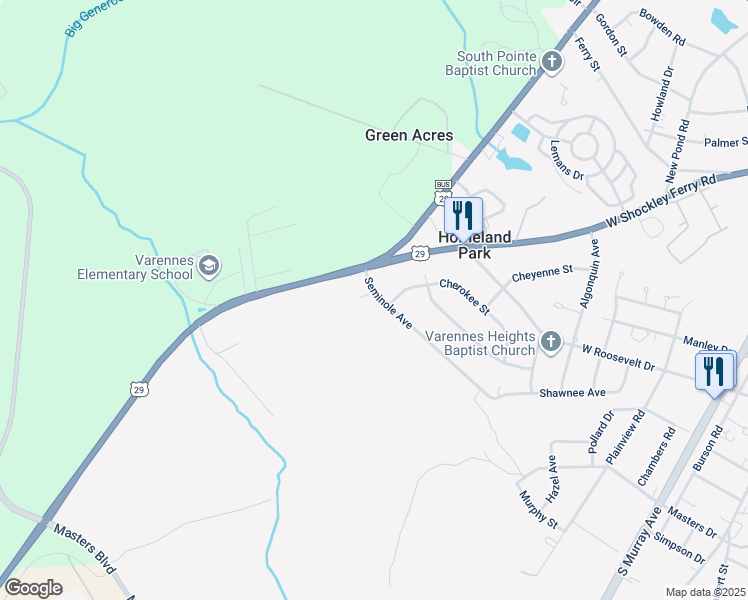 map of restaurants, bars, coffee shops, grocery stores, and more near 104 Seminole Court in Anderson