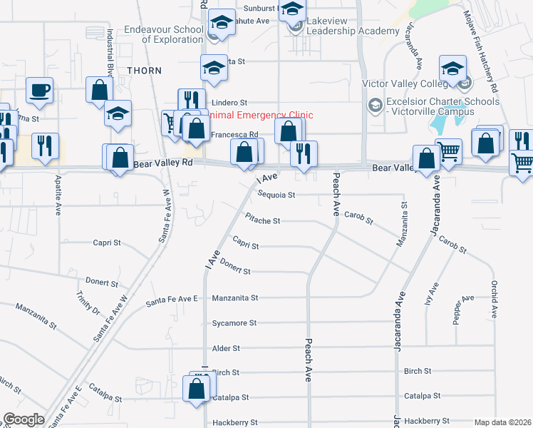 map of restaurants, bars, coffee shops, grocery stores, and more near 17896 Pitache Street in Hesperia