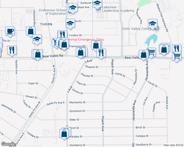 map of restaurants, bars, coffee shops, grocery stores, and more near 17896 Pitache Street in Hesperia