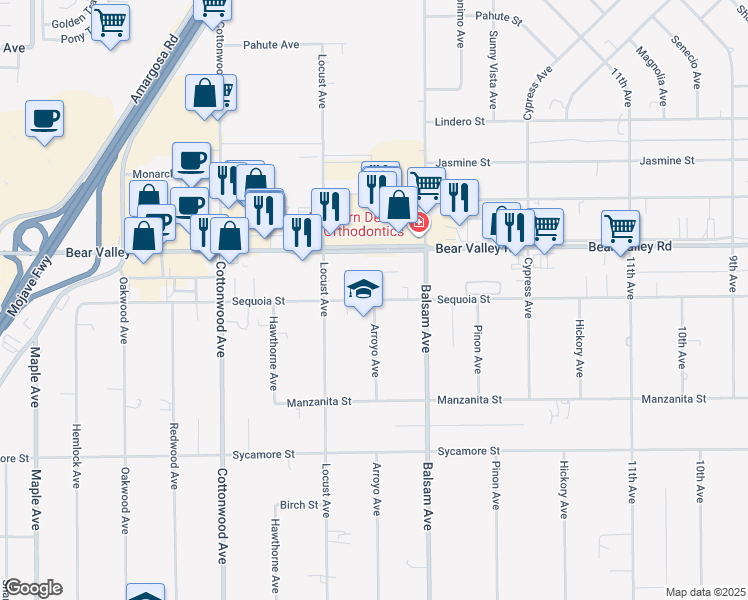 map of restaurants, bars, coffee shops, grocery stores, and more near Sequoia Street in Victorville