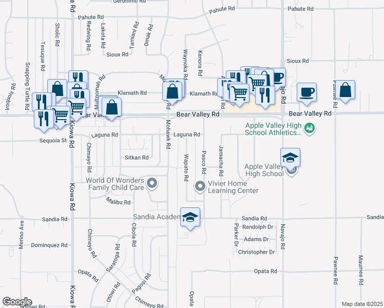 map of restaurants, bars, coffee shops, grocery stores, and more near 11957 Wapato Road in Apple Valley
