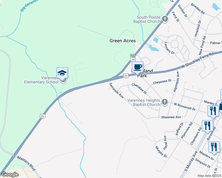 map of restaurants, bars, coffee shops, grocery stores, and more near 104 Seminole Court in Anderson