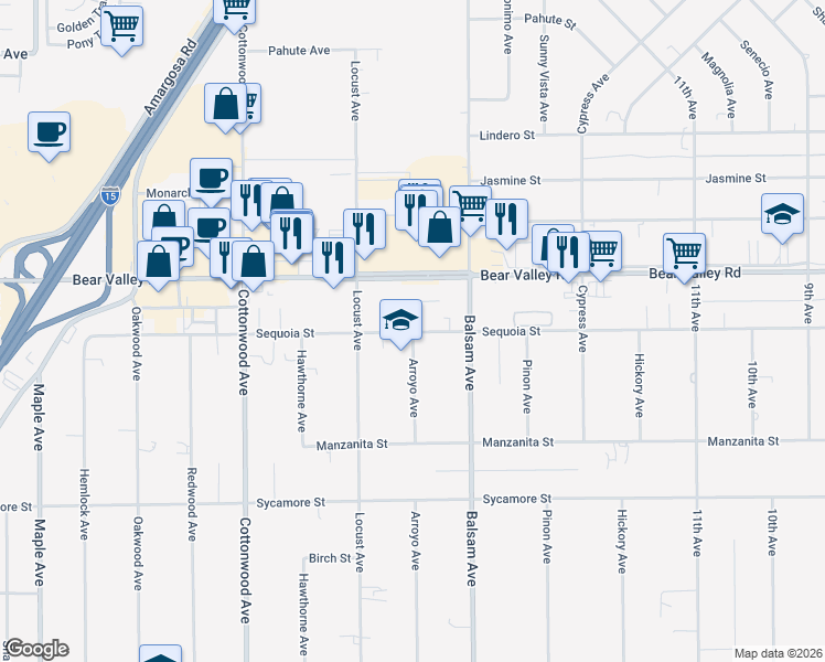 map of restaurants, bars, coffee shops, grocery stores, and more near 15212 Sequoia Avenue in Hesperia