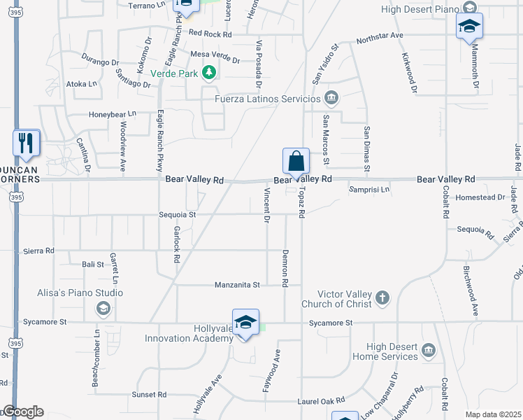 map of restaurants, bars, coffee shops, grocery stores, and more near Vincent Drive in Victorville