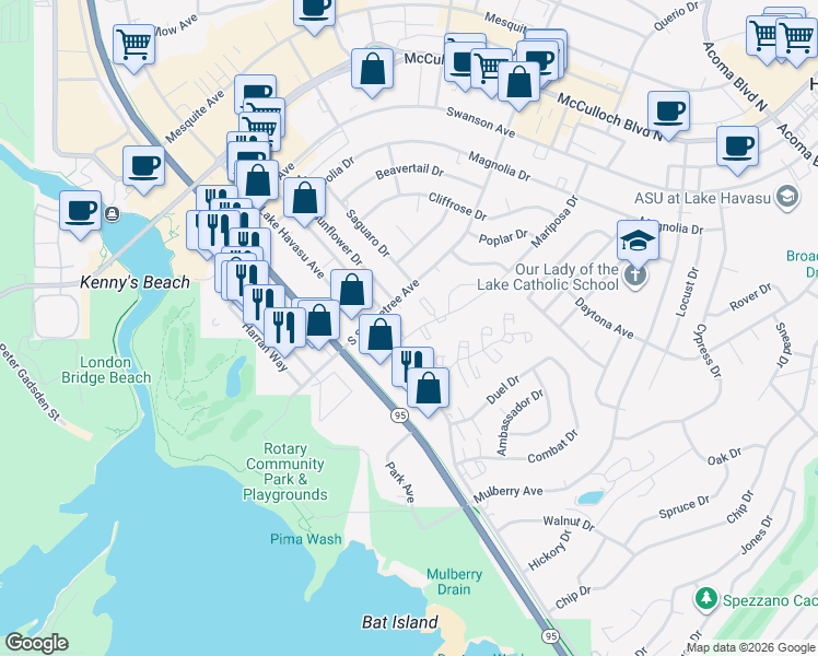 map of restaurants, bars, coffee shops, grocery stores, and more near 1776 Los Lagos Drive in Lake Havasu City