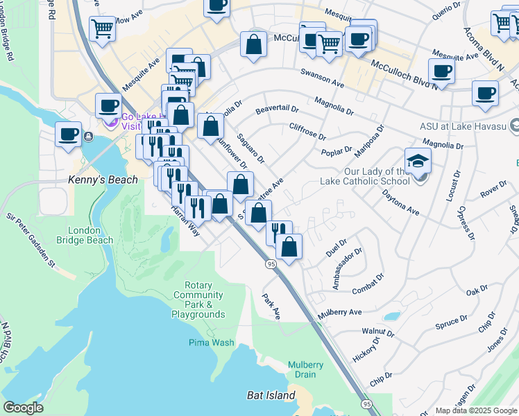 map of restaurants, bars, coffee shops, grocery stores, and more near 1705 Los Lagos Drive in Lake Havasu City