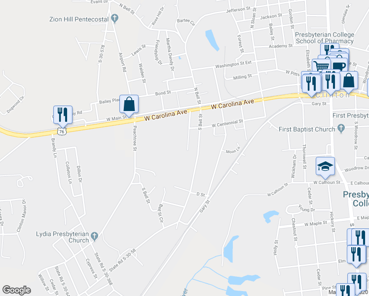 map of restaurants, bars, coffee shops, grocery stores, and more near 214 Tribble Street in Clinton