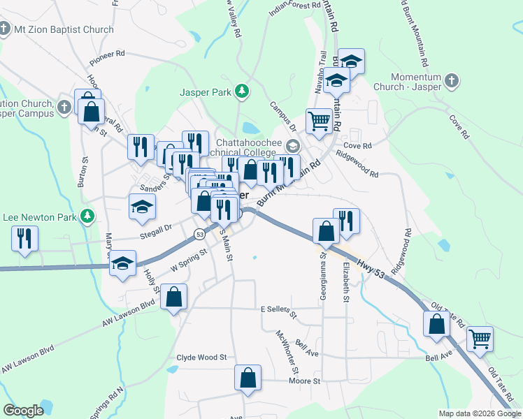 map of restaurants, bars, coffee shops, grocery stores, and more near 0 Burnt Mountain Road in Jasper