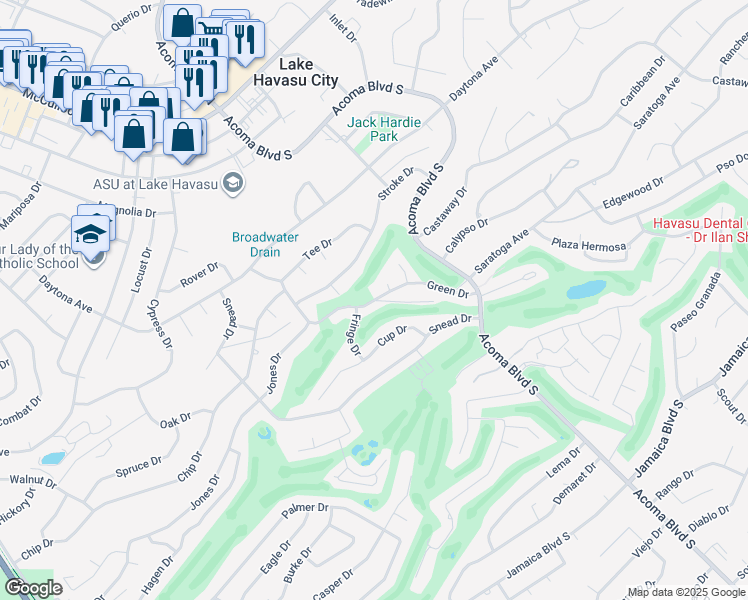 map of restaurants, bars, coffee shops, grocery stores, and more near 2311 Green Drive in Lake Havasu City