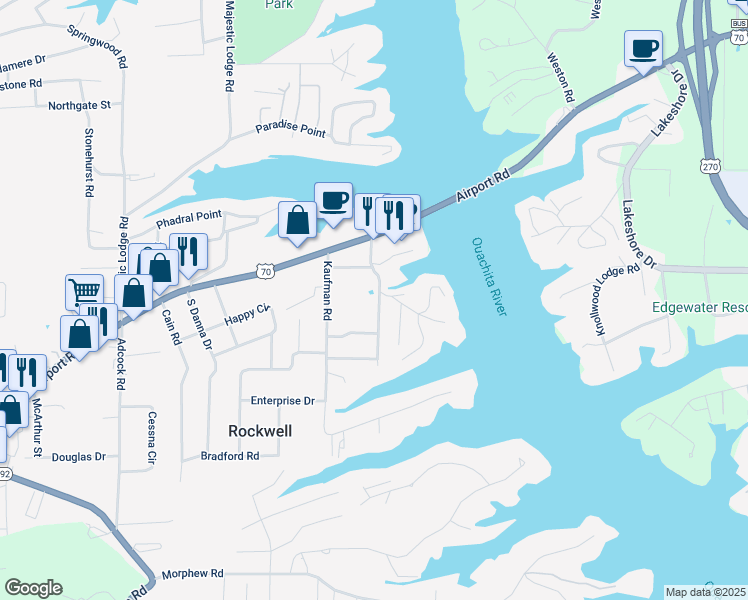 map of restaurants, bars, coffee shops, grocery stores, and more near 102 Thistledown Trail in Hot Springs