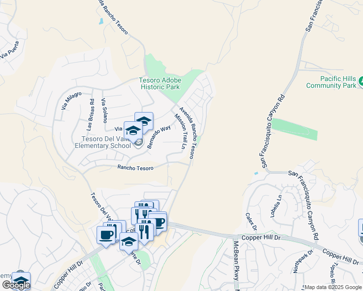 map of restaurants, bars, coffee shops, grocery stores, and more near 23806 Mission Puebla in Santa Clarita