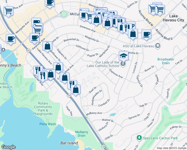 map of restaurants, bars, coffee shops, grocery stores, and more near 1885 Montana Vista in Lake Havasu City