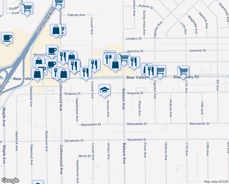 map of restaurants, bars, coffee shops, grocery stores, and more near 15233 Sequoia Street in Hesperia