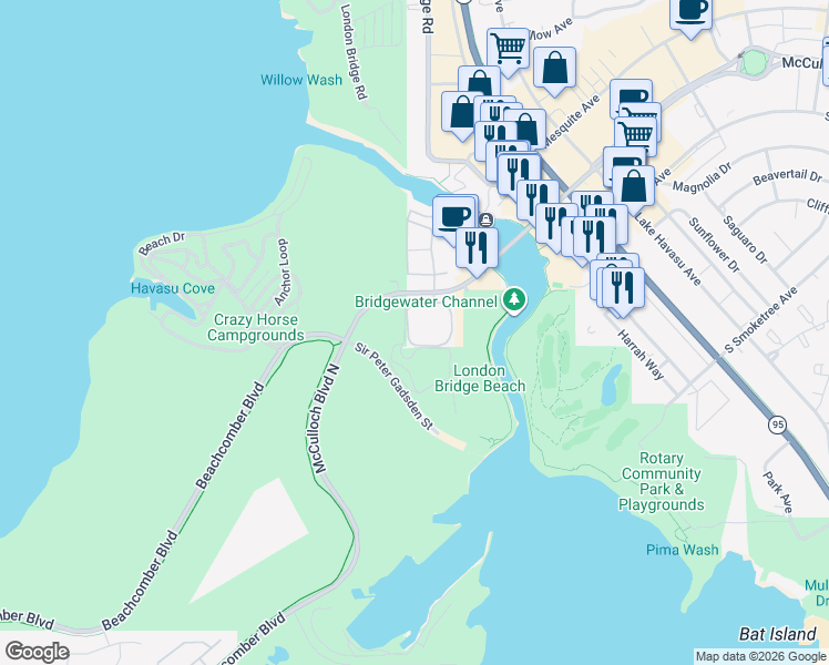 map of restaurants, bars, coffee shops, grocery stores, and more near 1402 McCulloch Boulevard in Lake Havasu City