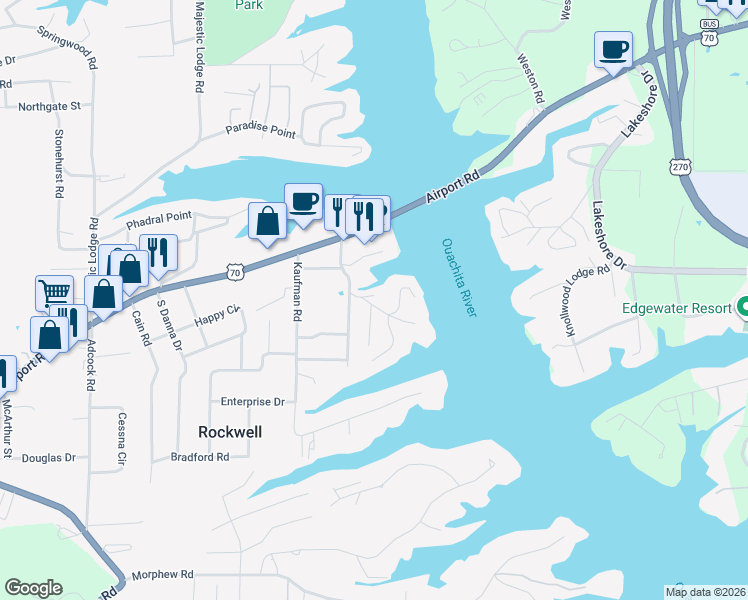 map of restaurants, bars, coffee shops, grocery stores, and more near 100 Nautical Bay in Hot Springs