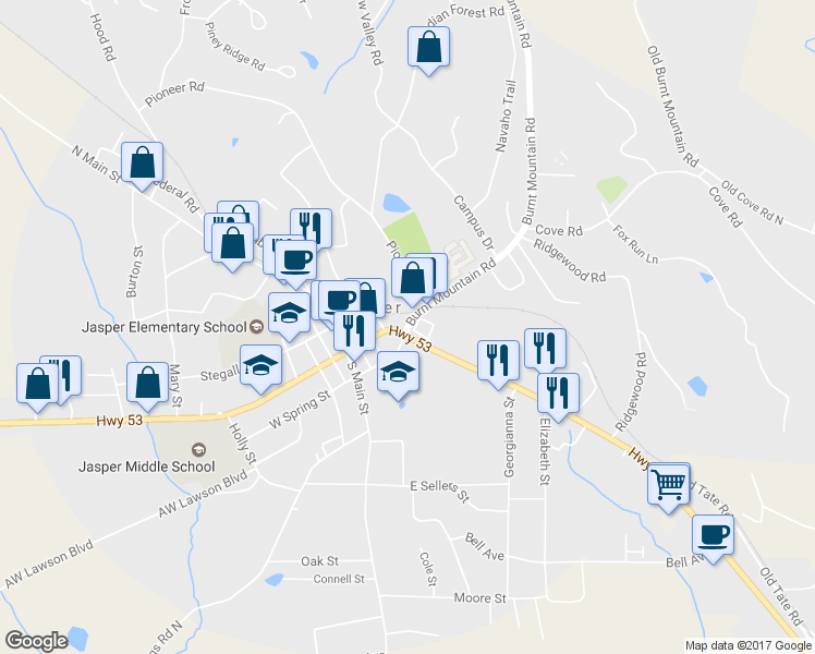 map of restaurants, bars, coffee shops, grocery stores, and more near 0 Burnt Mountain Road in Jasper