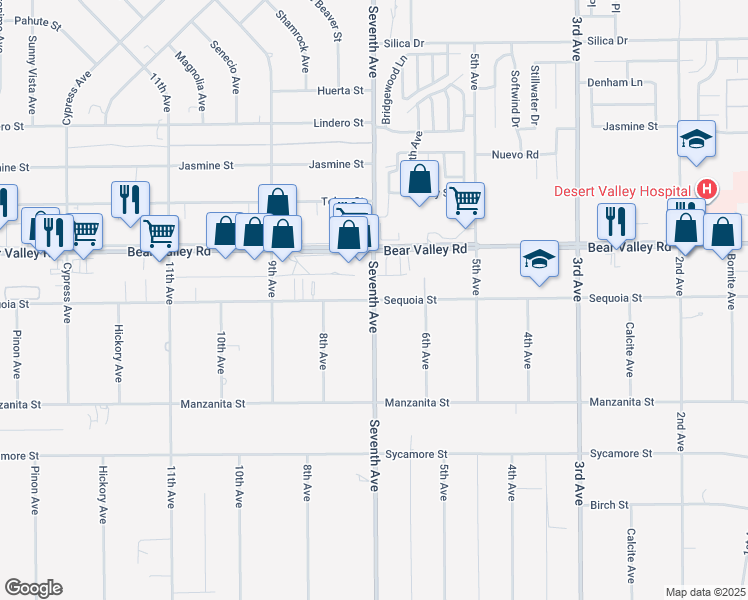 map of restaurants, bars, coffee shops, grocery stores, and more near 16099 Sequoia Street in Hesperia