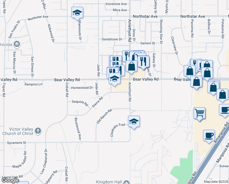 map of restaurants, bars, coffee shops, grocery stores, and more near 11745 Sierra Road in Victorville