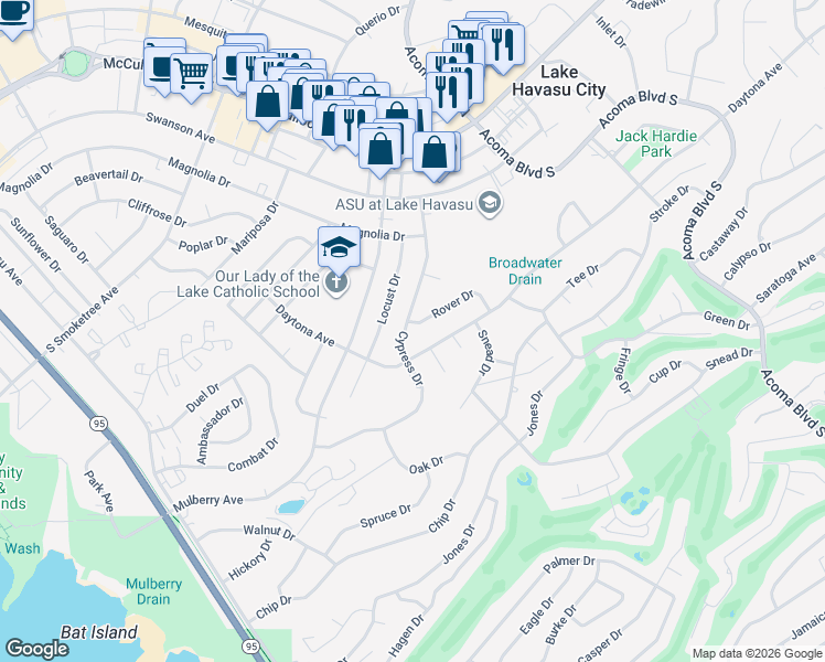 map of restaurants, bars, coffee shops, grocery stores, and more near 241 Cypress Drive in Lake Havasu City