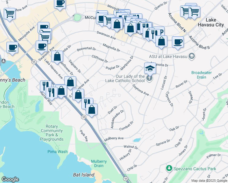 map of restaurants, bars, coffee shops, grocery stores, and more near 1885 Montana Vista in Lake Havasu City
