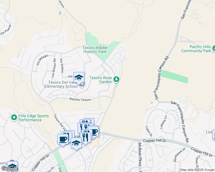 map of restaurants, bars, coffee shops, grocery stores, and more near 23806 Mission Puebla in Santa Clarita