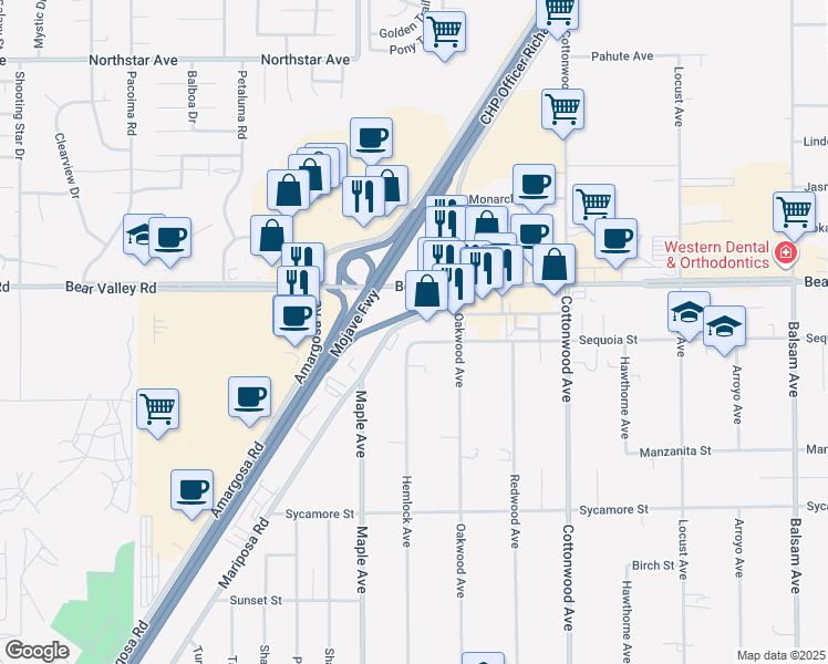 map of restaurants, bars, coffee shops, grocery stores, and more near Mariposa Road in Hesperia