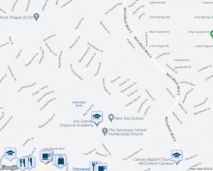 map of restaurants, bars, coffee shops, grocery stores, and more near 1100 Sunny Ridge Drive in Lake Havasu City