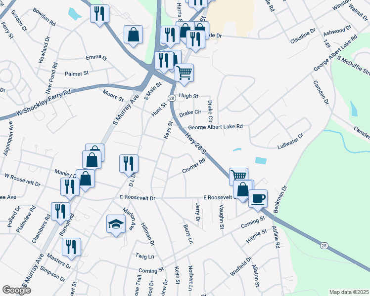 map of restaurants, bars, coffee shops, grocery stores, and more near 309 Adams Avenue in Anderson