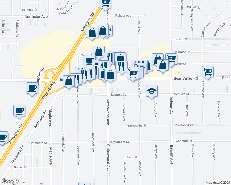 map of restaurants, bars, coffee shops, grocery stores, and more near 14934 Sequoia Street in Hesperia