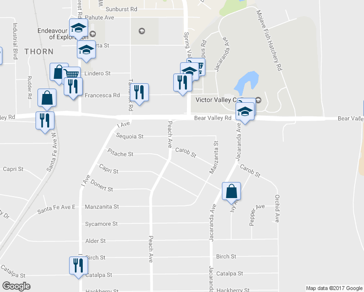 map of restaurants, bars, coffee shops, grocery stores, and more near 18106 Carob Street in Hesperia