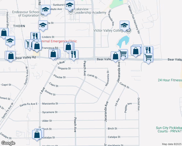 map of restaurants, bars, coffee shops, grocery stores, and more near 18106 Carob Street in Hesperia