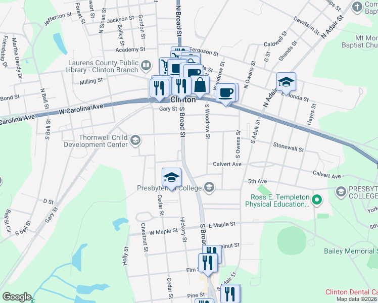 map of restaurants, bars, coffee shops, grocery stores, and more near 311 South Carolina 72 in Clinton