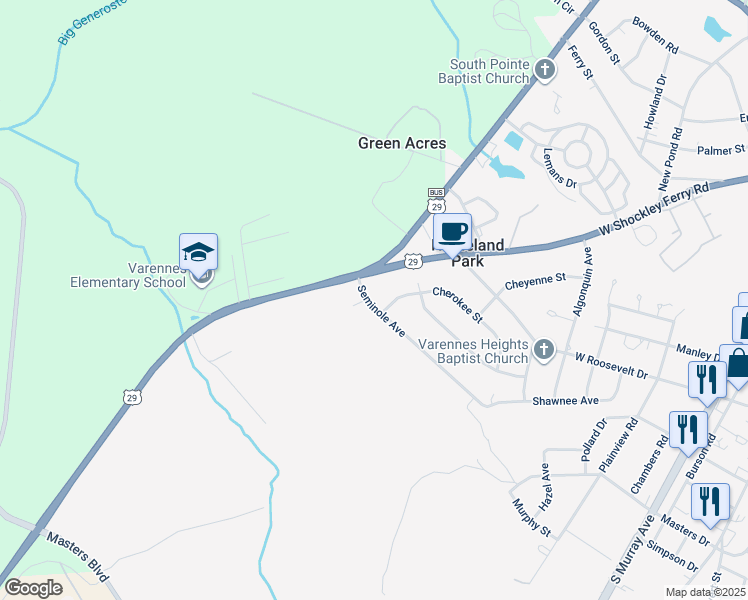 map of restaurants, bars, coffee shops, grocery stores, and more near 3887 Seminole Avenue in Anderson