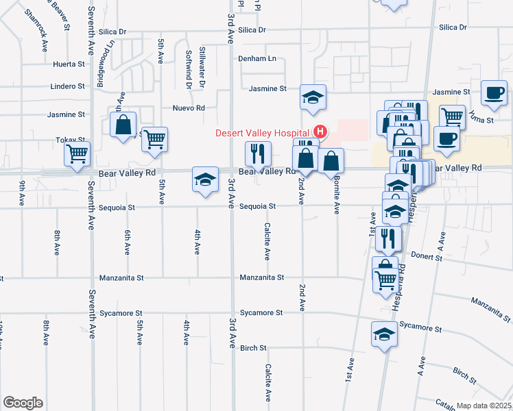 map of restaurants, bars, coffee shops, grocery stores, and more near Sequoia Street in Hesperia