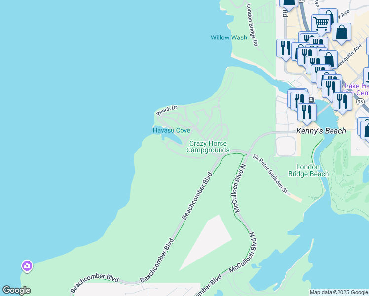 map of restaurants, bars, coffee shops, grocery stores, and more near 1534 Beachcomber Boulevard in Lake Havasu City