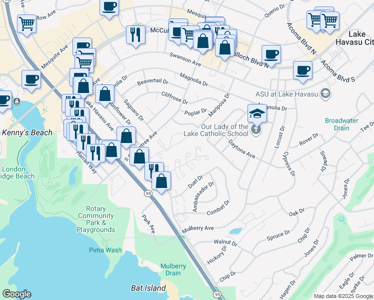 map of restaurants, bars, coffee shops, grocery stores, and more near 1807 Montana Vista in Lake Havasu City