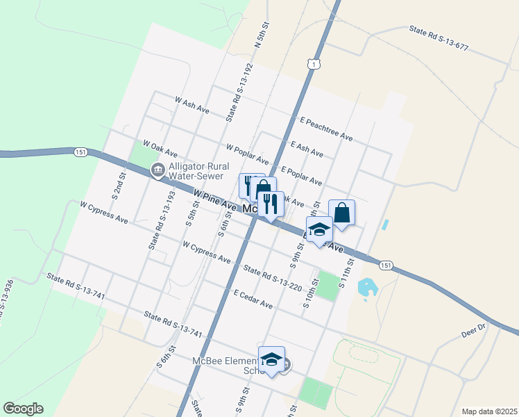 map of restaurants, bars, coffee shops, grocery stores, and more near in McBee