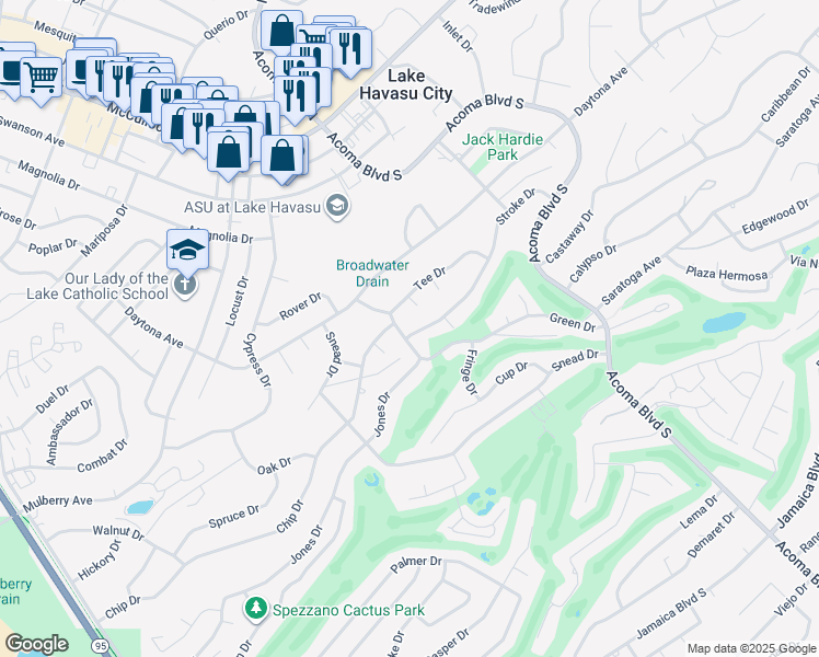 map of restaurants, bars, coffee shops, grocery stores, and more near 2250 Green Drive in Lake Havasu City