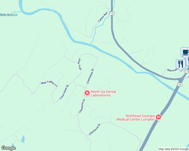 map of restaurants, bars, coffee shops, grocery stores, and more near 148 Chestatee Drive in Dahlonega