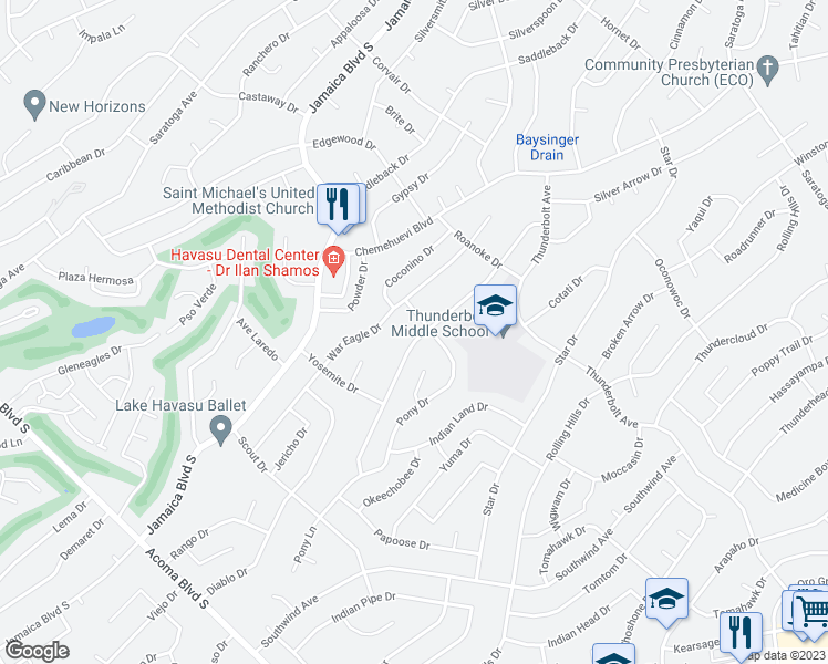 map of restaurants, bars, coffee shops, grocery stores, and more near 692 Apache Drive in Lake Havasu City