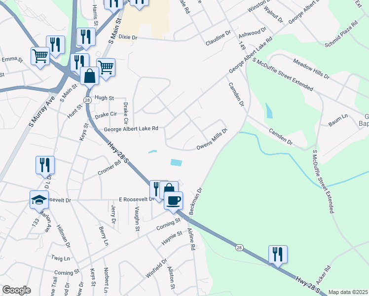 map of restaurants, bars, coffee shops, grocery stores, and more near 3003 Lullwater Drive in Anderson