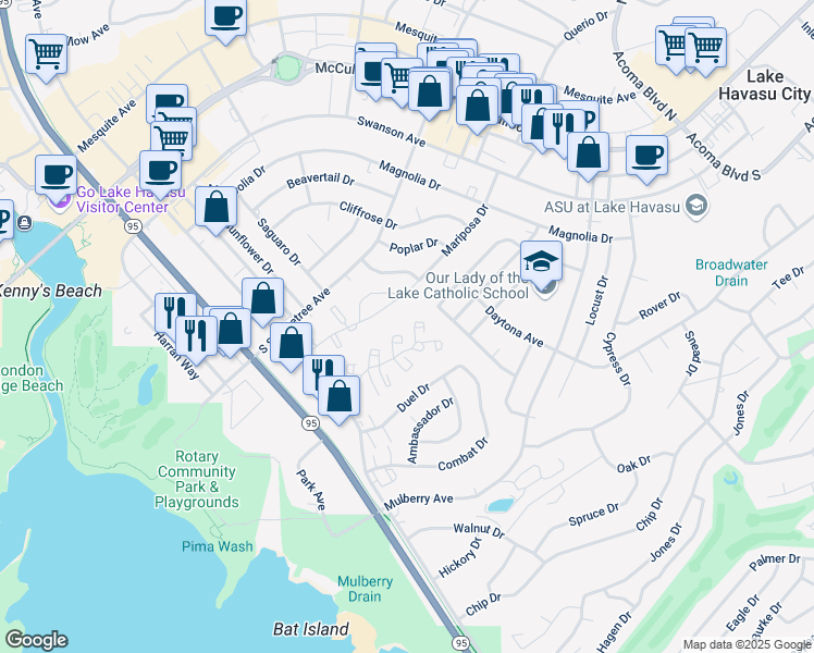 map of restaurants, bars, coffee shops, grocery stores, and more near 1885 Montana Vista in Lake Havasu City