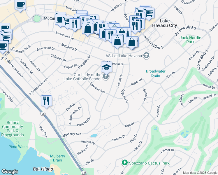 map of restaurants, bars, coffee shops, grocery stores, and more near 214 Mulberry Avenue in Lake Havasu City