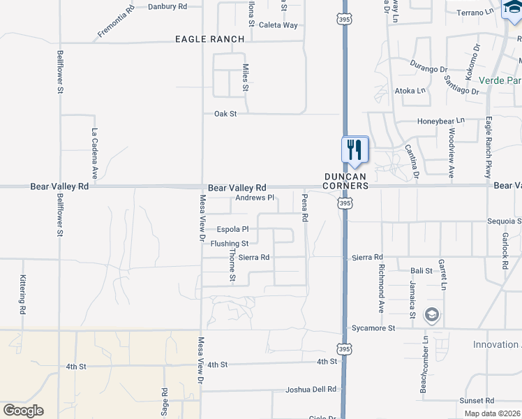 map of restaurants, bars, coffee shops, grocery stores, and more near 11860 Beckham Place in Victorville